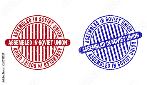 Grunge ASSEMBLED IN SOVIET UNION round stamp seals isolated on a white background. Round seals with grunge texture in red and blue colors.