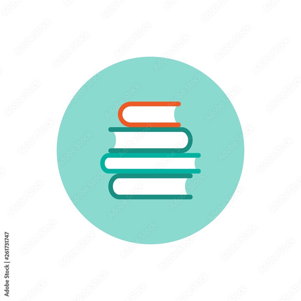 Stack of colorful books in blue circle. Isolated on white background. Flat icon.