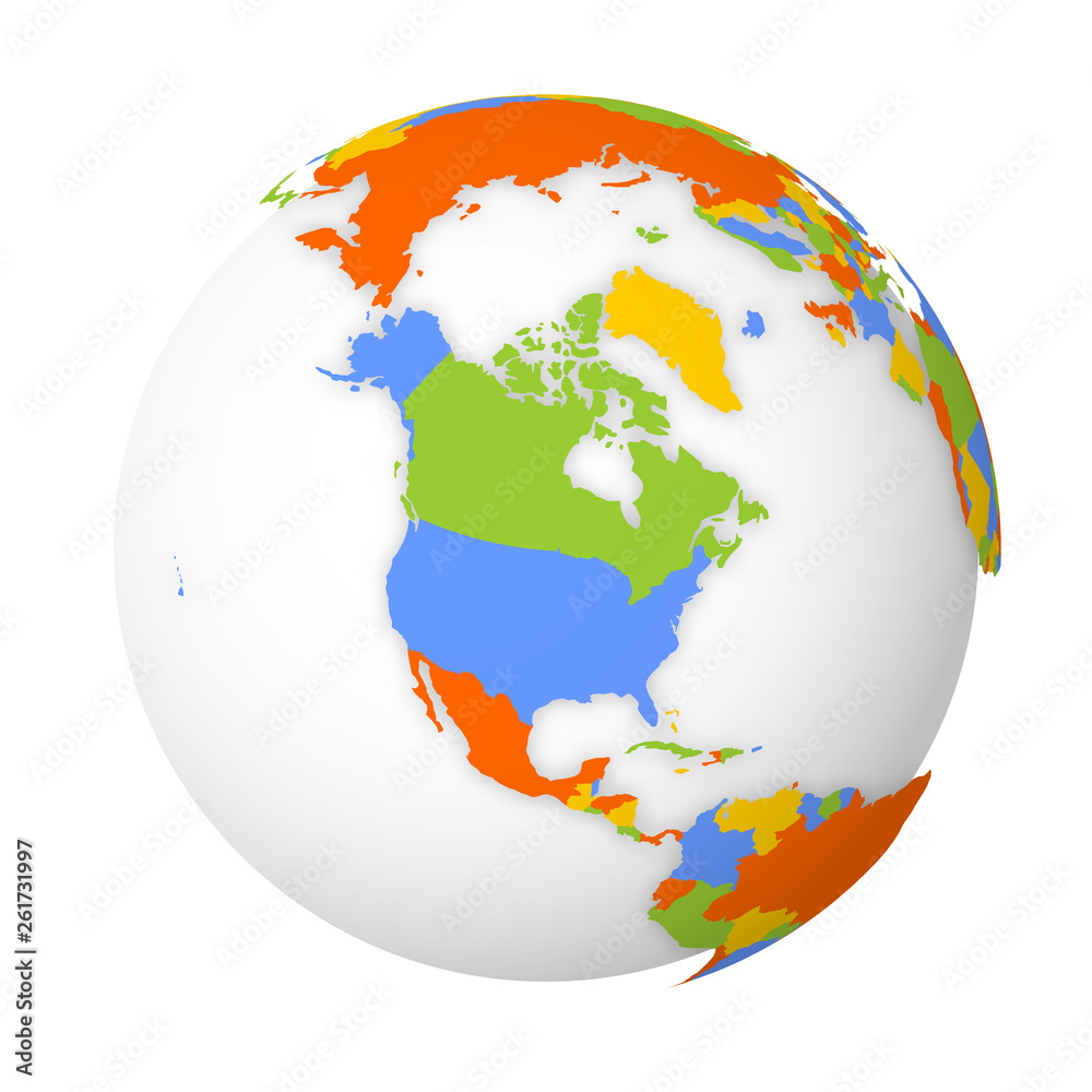 Blank political map of North America. Earth globe with colored map ...