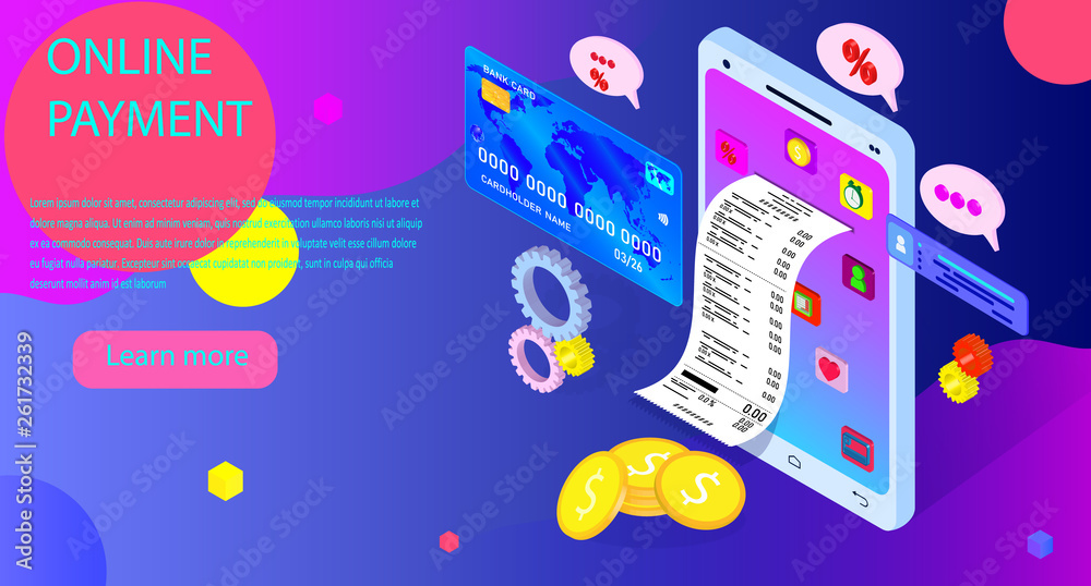 Vector drawing in isometric on the topic online payments. Mobile marketing and e-commerce, depicted on bright, color background