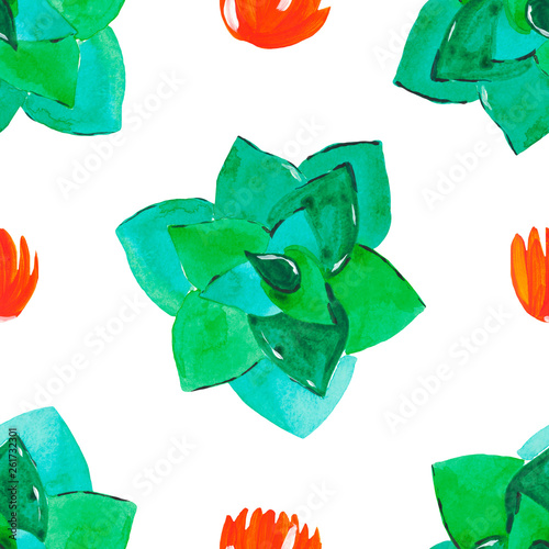 Seamless pattern Hand painted set of decorative cactus succulent Set of flowering plants green orange