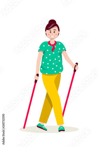 Woman nordic walking flat illustration