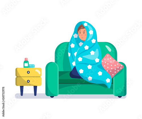 Woman suffering from headache flat character