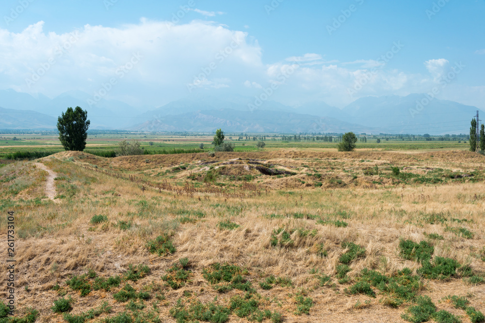 Tokmok, Kyrgyzstan - Aug 08 2018: Ruins of Ak Beshim in Tokmok, Kyrgyzstan. It is part of the World Heritage Site Silk Roads: the Routes Network of Chang'an-Tianshan Corridor.