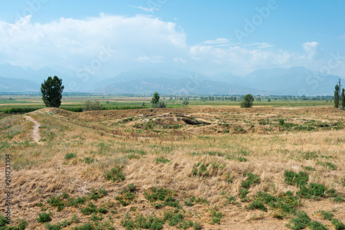 Tokmok  Kyrgyzstan - Aug 08 2018  Ruins of Ak Beshim in Tokmok  Kyrgyzstan. It is part of the World Heritage Site Silk Roads  the Routes Network of Chang an-Tianshan Corridor.