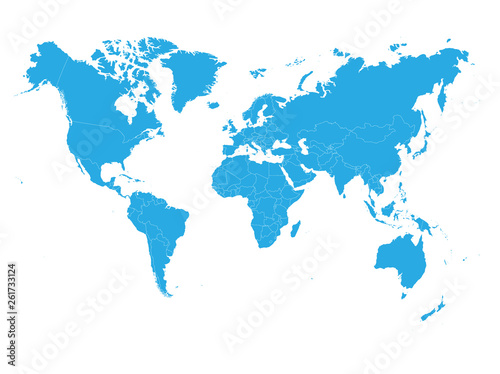 Blue World map on white background. High detail blank political. Vector illustration