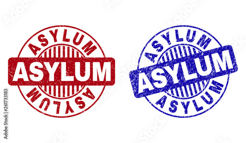 Grunge ASYLUM round stamp seals isolated on a white background. Round seals with grunge texture in red and blue colors. Vector rubber imitation of ASYLUM text inside circle form with stripes.