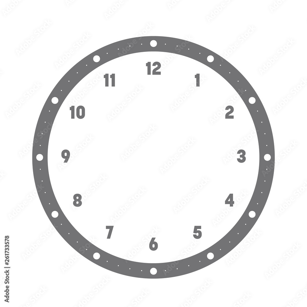 Clock face. Hour dial with numbers. Dots mark minutes and hours. Simple flat vector illustration
