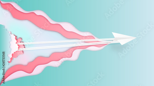 Paper airplane aerial view in the clouds layer on pastel beautiful background as  paper art and craft style concept. vector illustration