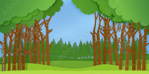 Paper art , cut and digital craft style of the green forest in the summer season with trees  as Nature and Love the earth concept. vector illustration.
