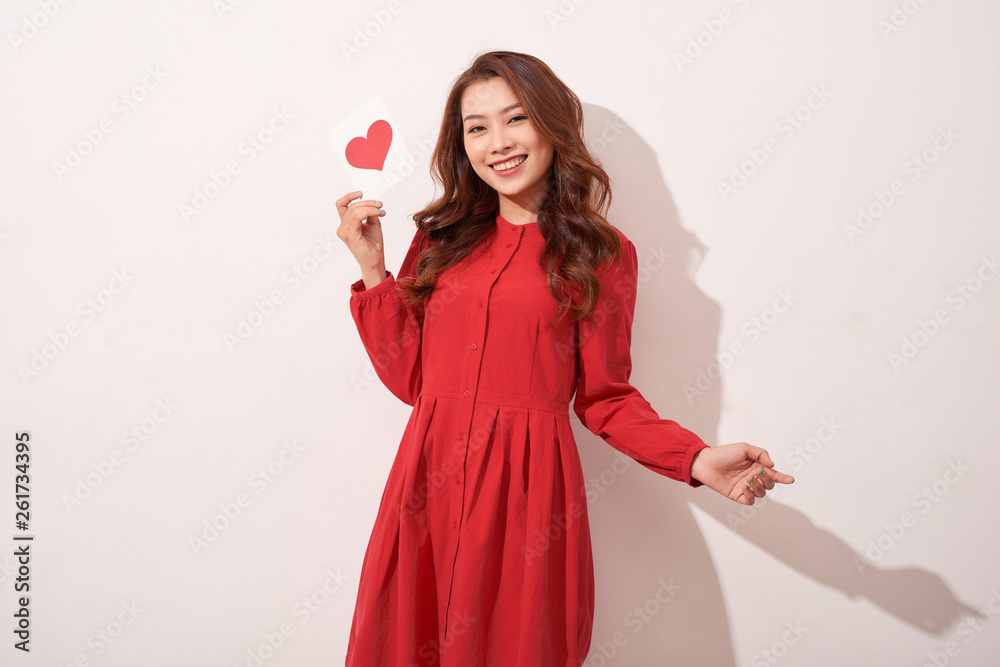 Lovely female with red heart. Celebration of Valentine day. Love concept Lovely female with red heart. Celebration of Valentine day. Love concept