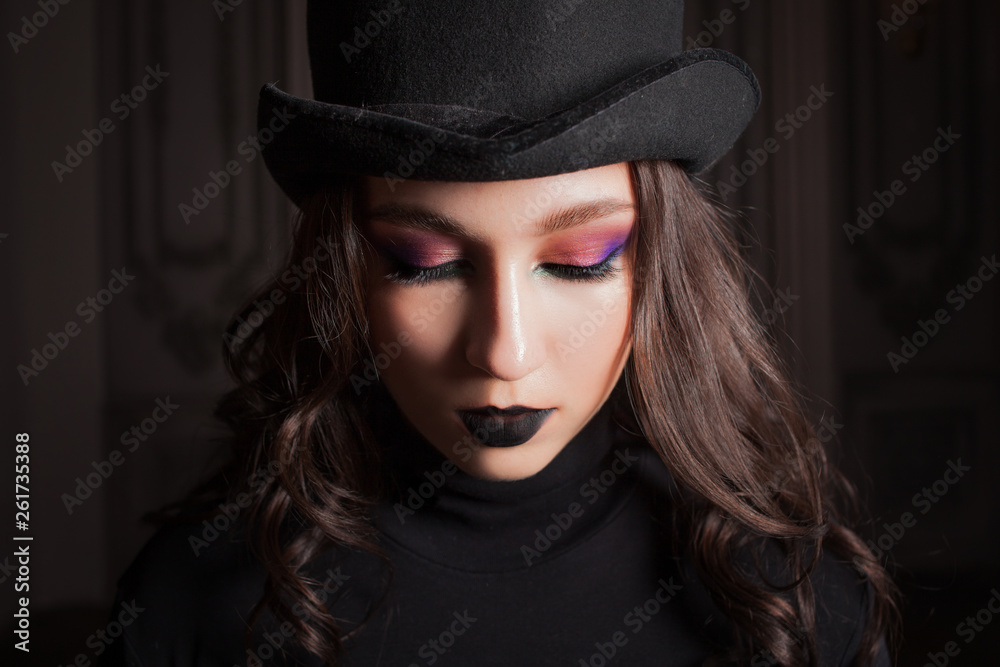 Beautiful and mysterious girl in a hat and with black lipstick on her lips, Beautiful and mysterious girl in a hat and with black lipstick on her lips,