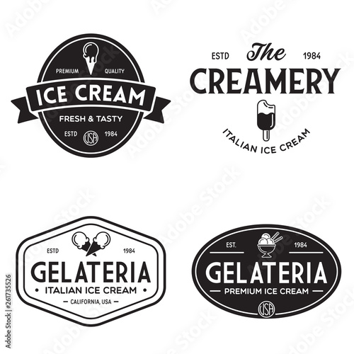 Set of vintage ice cream shop logo badges and labels, gelateria signs. Retro logotypes for cafeteria or bar.