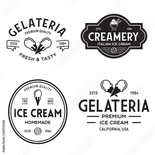 Set of vintage ice cream shop logo badges and labels, gelateria signs. Retro logotypes for cafeteria or bar.