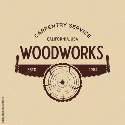 Woodwork badge. Logo for carpentry, woodworkers, lumberjack, sawmill service monochrome vector label, emblem, logo and design elements.