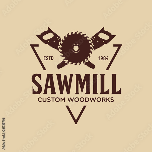 Woodwork badge. Logo for carpentry, woodworkers, lumberjack, sawmill service monochrome vector label, emblem, logo and design elements.