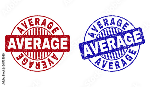 Grunge AVERAGE round stamp seals isolated on a white background. Round seals with grunge texture in red and blue colors. Vector rubber imprint of AVERAGE caption inside circle form with stripes.