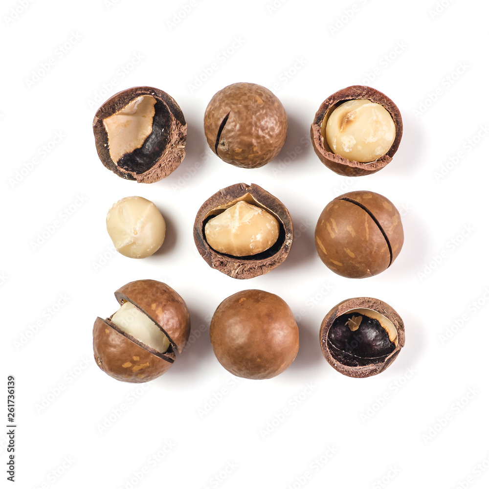 Heap of macadamia nuts on white background with clipping path.. Set of peeled and unpeeled macadamia nuts isolated on white, top view or flat lay. Square. Copy space for text.