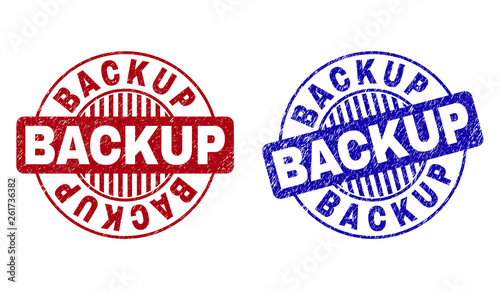 Grunge BACKUP round stamp seals isolated on a white background. Round seals with grunge texture in red and blue colors. Vector rubber watermark of BACKUP tag inside circle form with stripes.