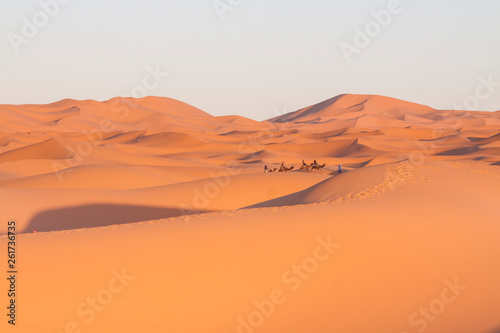 Morocco, Merzouga, Erg Chebbi Dunes, Tourists Riding Camels