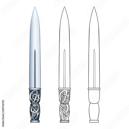 Set of outline Scottish long double sharp dagger or dirk in black isolated on white background. 