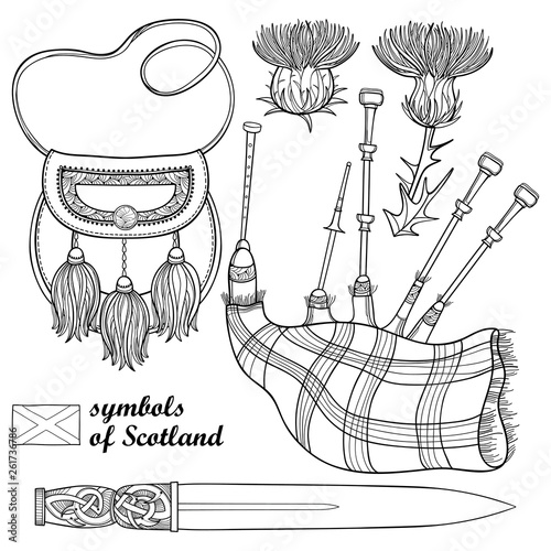 Set of outline Scottish symbols: long dagger or dirk, bagpipe, sporran and thistle flower in black isolated on white background.  photo