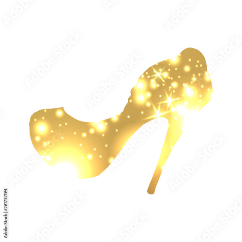 Golden Shoes Symbol with silhouette and gold shining lights. Creative Trendy Modern Fashion Shop Logo Template. Symbol Illustration on Black Background