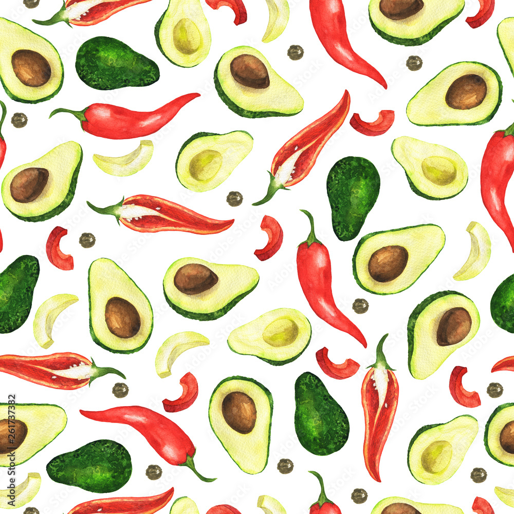 Seamless pattern with fresh avocado, herbs and chili peppers on white background. Hand drawn watercolor illustration. Seamless pattern with fresh avocado, herbs and chili peppers on white background. Hand drawn watercolor illustration.