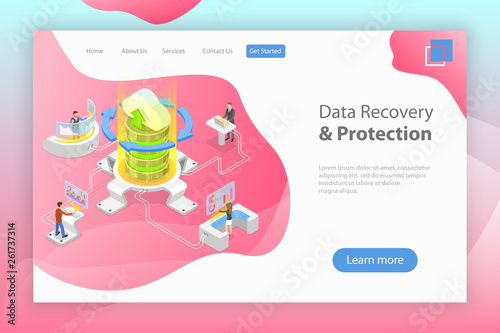 Isometric flat vector landing pate template of data recovery services, data backup and protection, hardware repair.