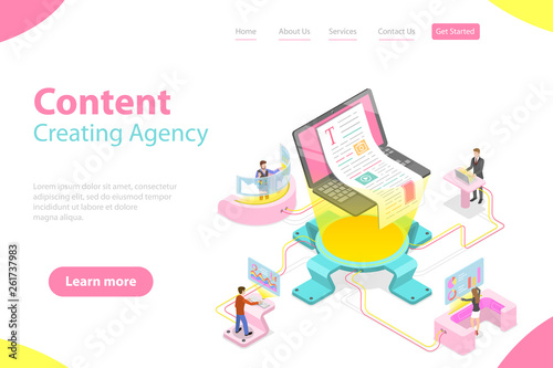 Flat isometric vector landing pate template of content creating, copywriting, creative writing, content marketing.