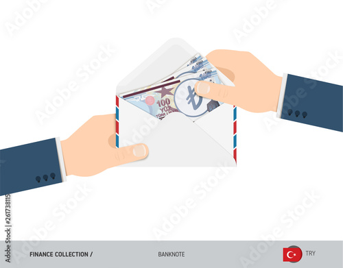 100 Turkish Lira Banknotes in envelope hold in hand. Flat style opened white envelope with cash. Salary payout or corruption concept.