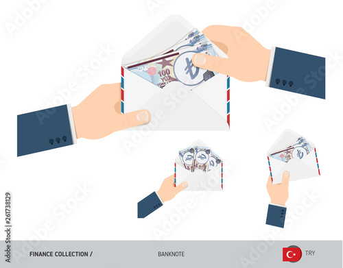 100 Turkish Lira Banknotes in envelope hold in hand. Set of flat style opened white envelopes with cash. Salary payout or corruption concept.