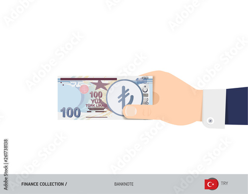 100 Turkish Lira Banknote. Hand gives money. Flat style vector illustration. Salary payout or corruption concept.