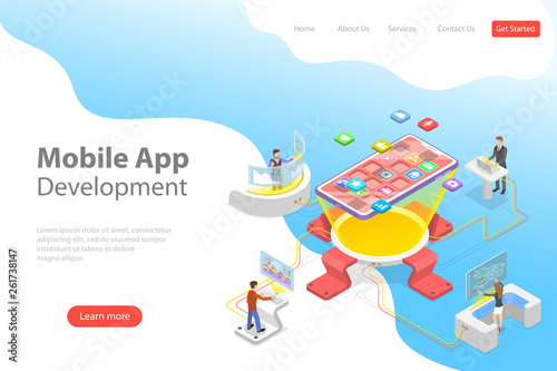 Flat isometric vector landing page template of mobile app development, programming, coding, software.