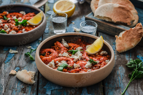 Close view of tiger prawns in tomato sauce, greek cuisine
