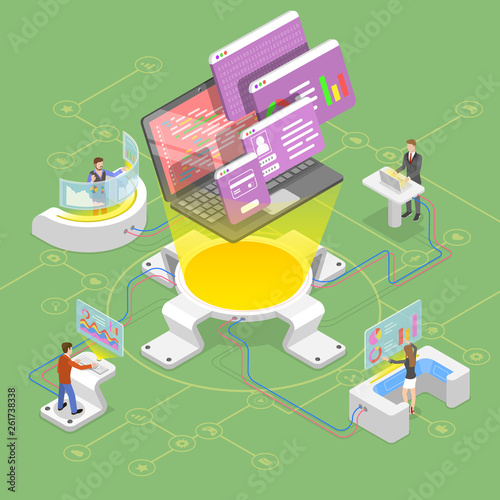 Flat isometric vector concept of software development, teamwork, brainstorm, coding
