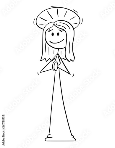 Cartoon stick figure drawing conceptual illustration of holy woman with halo around head praying with her hands.