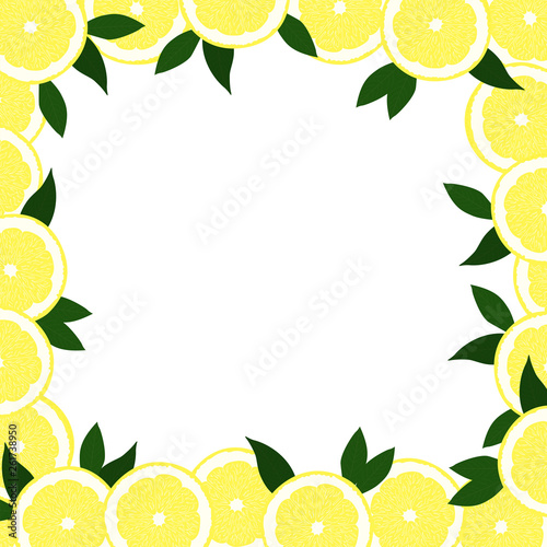 Square frame out of lemons with leaves on a white background. Vector illustration. 