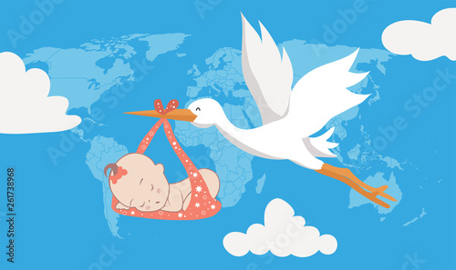 Cartoon pictures stork flying with baby at sky world map on blue background. Can be used for printing, website, presentation element, textile. Vector illustration.