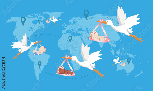 Cartoon pictures storks flying with baby at sky world map and navigation icons on blue background. Can be used for printing, website, presentation element, textile. Vector illustration.