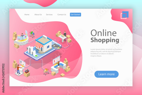 Flat isometric vector landing page template of easy shopping, e-commerce, online store, mobile payment, fast delivery.