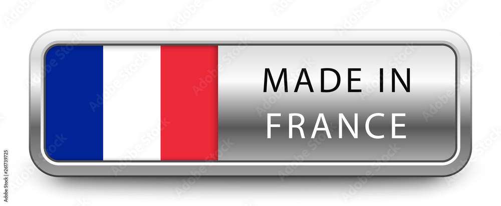 MADE IN FRANCE metallic badge with national flag isolated on white background MADE IN FRANCE metallic badge with national flag isolated on white background