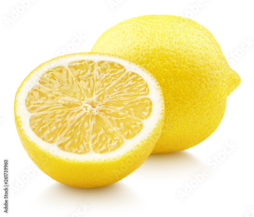 Ripe full yellow lemon citrus fruit with lemon half isolated on white background with clipping path. Full depth of field. photo