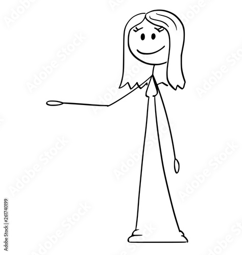 Cartoon stick figure drawing conceptual illustration of smiling woman in ling dress or gown offering, showing or pointing at something.