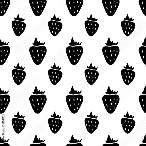 Cute cartoon summer strawberry background with hand drawn berries. Sweet vector black and white summer strawberry background. Seamless monochrome doodle summer strawberry background for textile.
