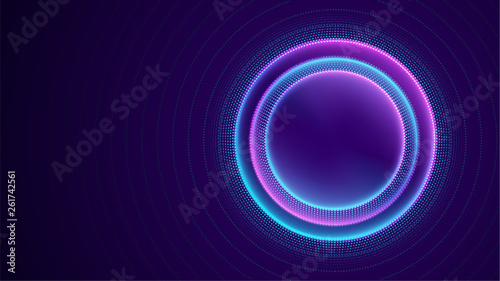 Neon circle with dots light effect on black background. Modern round frame with empty space for text for advertising, banner, card. Vector illustration.