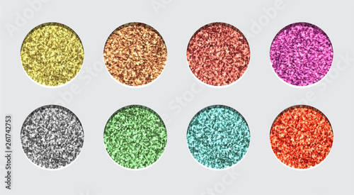 Glitter Eyeshadow Tinsel Shimmer, Lipstick or Powder. Abstract Shine Circles, Make up Palette, Vector.