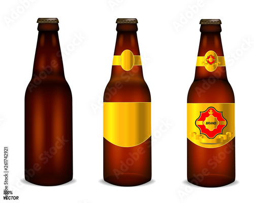 Realistic brown beer bottles with different labels isolated on white background. Mock up template blank for product packing advertisement