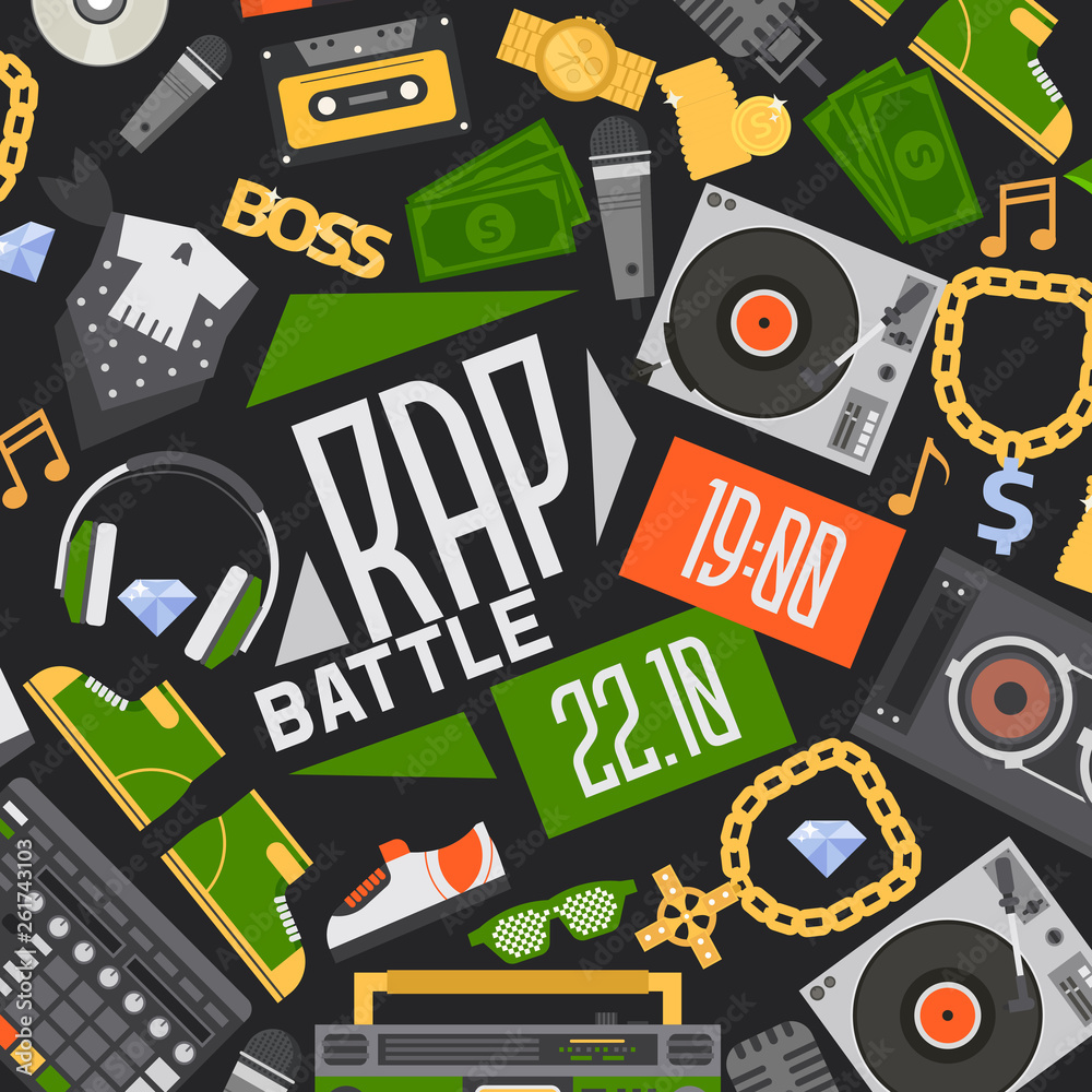 Obraz premium Rap music vector seamless pattern dj playing disco on turntable sound record illustration backdrop of rap cap discjockey headphones money player playback in nightclub background