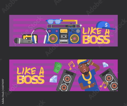 Rap music vector dj character singing in microphone playing on turntable sound record illustration backdrop of rap cap discjockey headphones player disc playback in nightclub set background